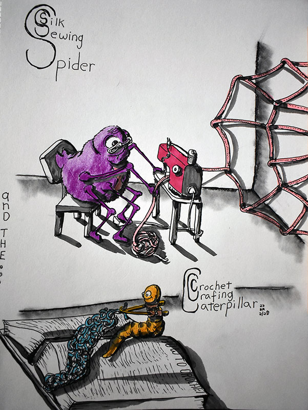Image showing an art piece called Silk Sewing Spider and the Crochet Crafting Caterpillar by David Mielcarek on 20220220