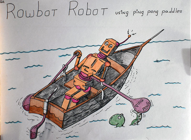 Image showing an art piece called Rowbot Robot using ping pong paddles by David Mielcarek on 20220624