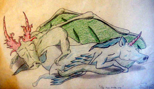Image showing an art piece called Dragon and Unicorn by David Mielcarek on 19990101