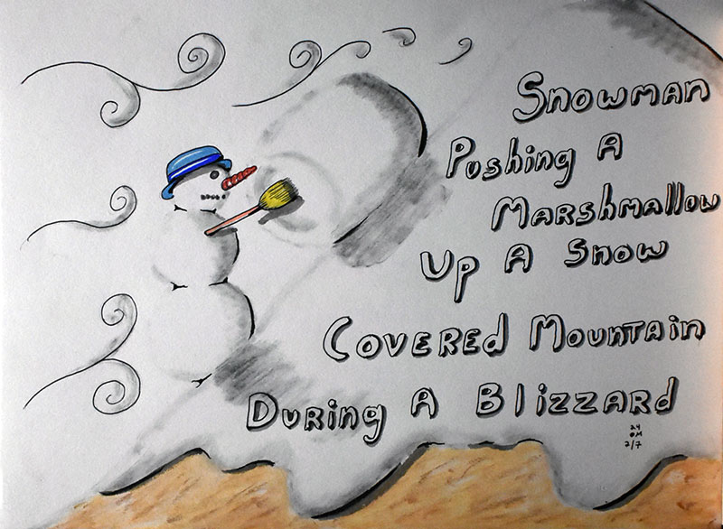Image showing an art piece called Snowman Pushing A Marshmaloow Up A Snow Covered Mountain During A Blizzard by David Mielcarek on 20240207