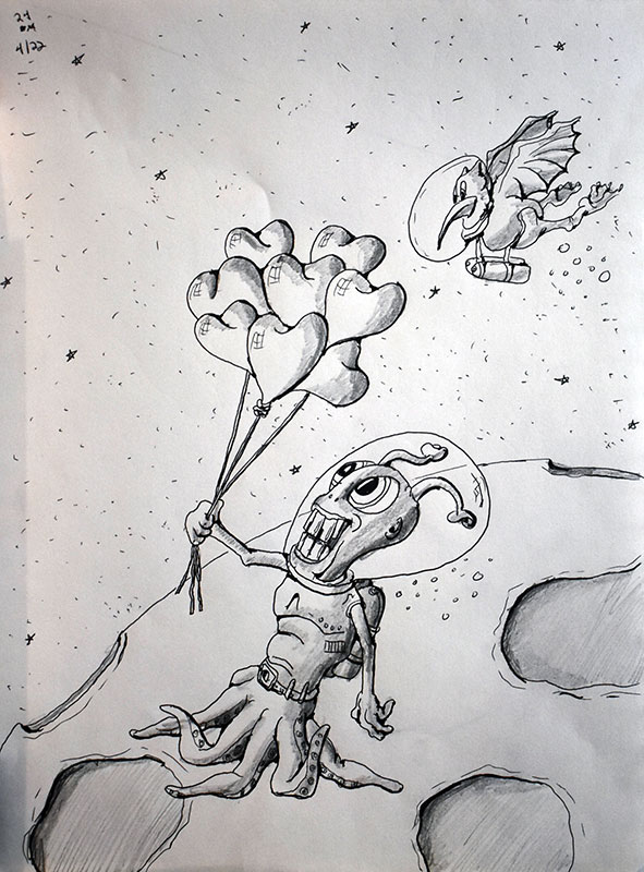 Image showing an art piece called Squid Alien On Moon Plays With Heart Balloons by David Mielcarek on 20240422