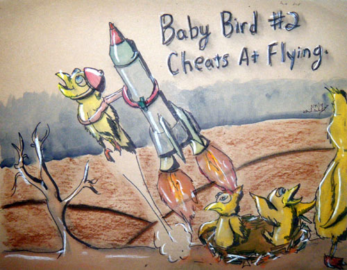 Image showing an art piece called Baby Bird #2 Cheats At Flying by David Mielcarek on 20140305